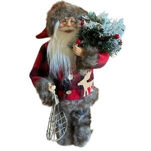 Rustic 1990s Woodland Santa Claus Figure Snowshoes & Tree Cabin Christmas Decor